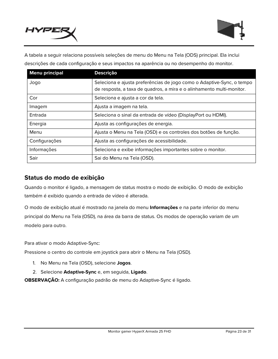 Status do modo de exibição | HyperX Armada 25 24.5" 240 Hz Gaming Monitor User Manual | Page 179 / 499