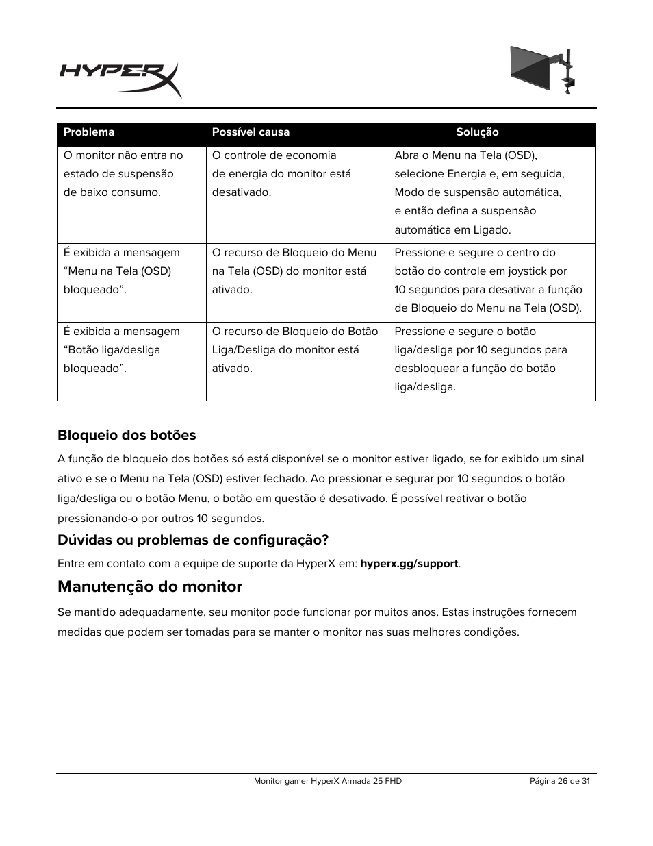 Bloqueio dos botões, Dúvidas ou problemas de configuração, Manutenção do monitor | HyperX Armada 25 24.5" 240 Hz Gaming Monitor User Manual | Page 182 / 499