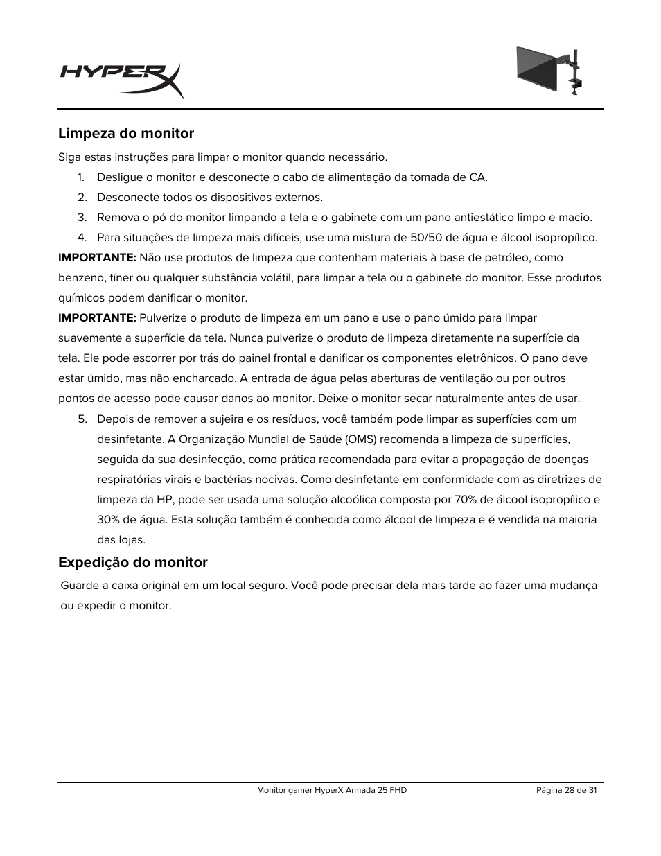 Limpeza do monitor, Expedição do monitor | HyperX Armada 25 24.5" 240 Hz Gaming Monitor User Manual | Page 184 / 499