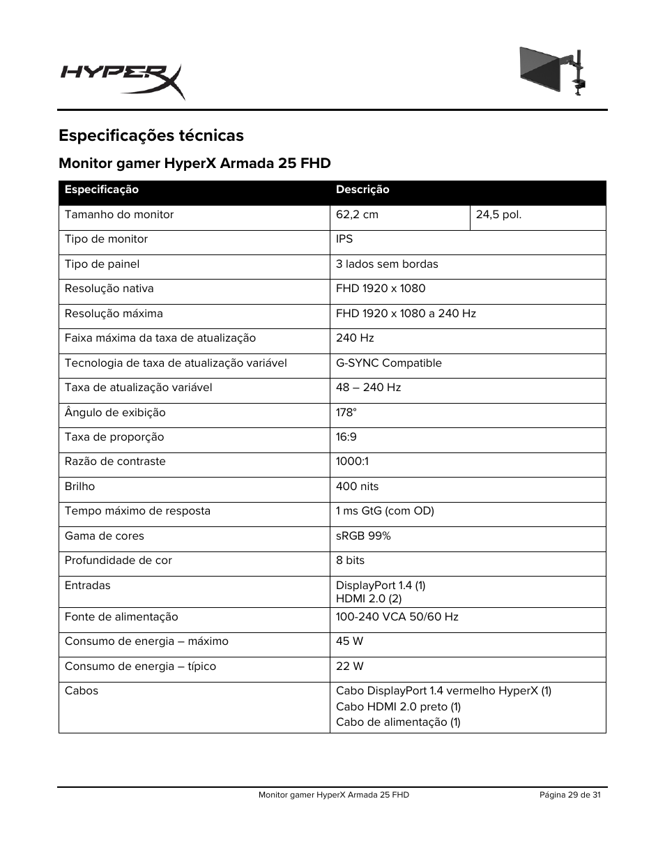 Especificações técnicas, Monitor gamer hyperx armada 25 fhd | HyperX Armada 25 24.5" 240 Hz Gaming Monitor User Manual | Page 185 / 499