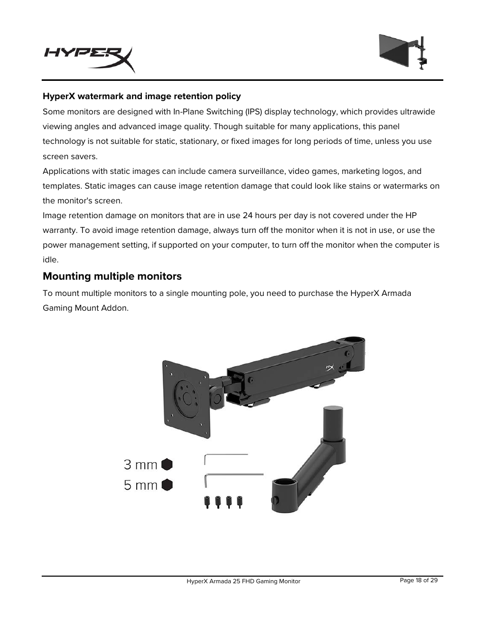 Hyperx watermark and image retention policy, Mounting multiple monitors | HyperX Armada 25 24.5" 240 Hz Gaming Monitor User Manual | Page 19 / 499