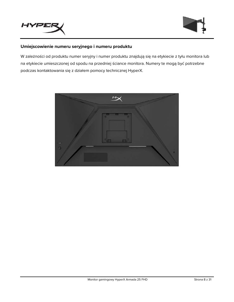 Umiejscowienie numeru seryjnego i numeru produktu | HyperX Armada 25 24.5" 240 Hz Gaming Monitor User Manual | Page 195 / 499