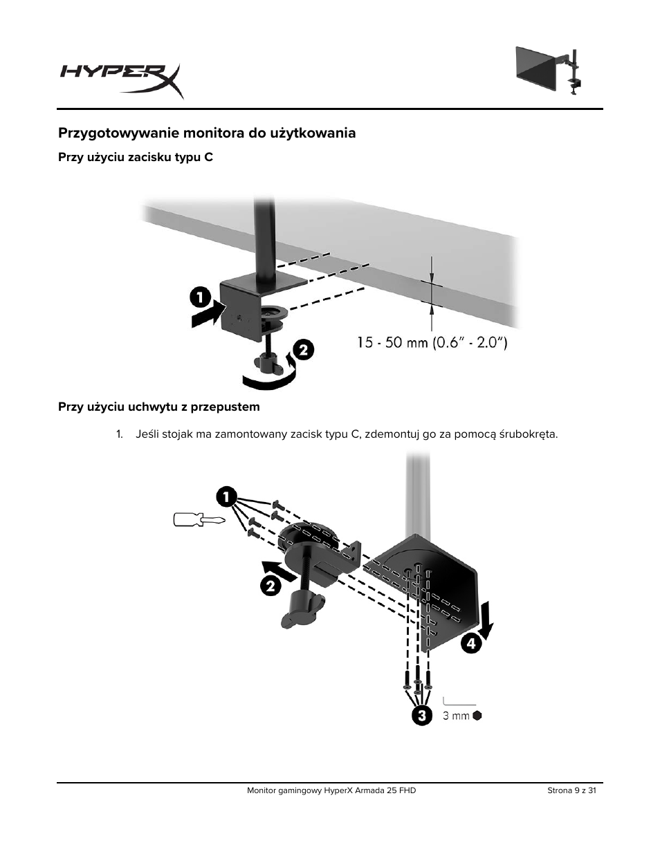 Przygotowywanie monitora do użytkowania | HyperX Armada 25 24.5" 240 Hz Gaming Monitor User Manual | Page 196 / 499