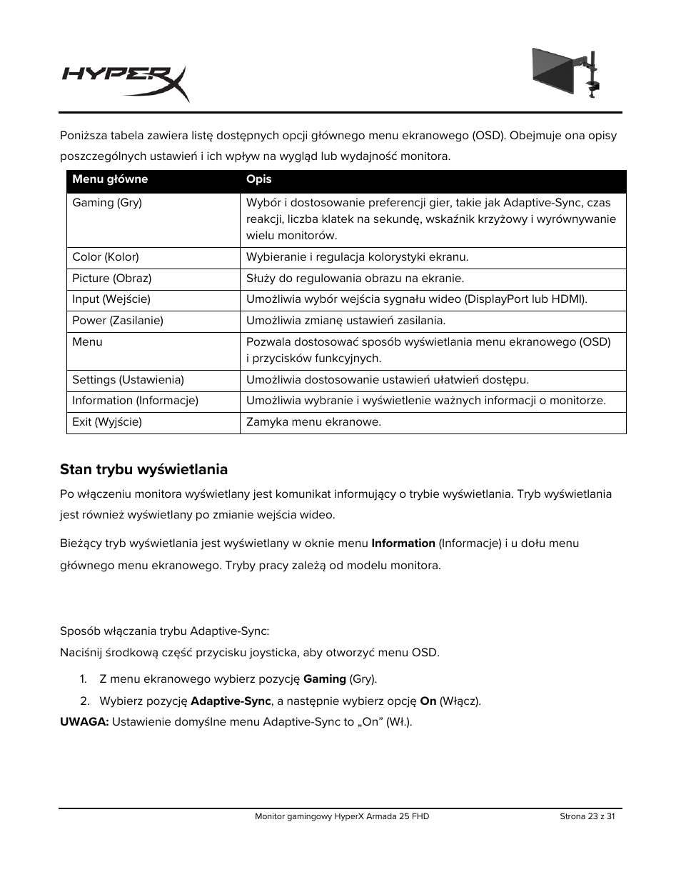 Stan trybu wyświetlania | HyperX Armada 25 24.5" 240 Hz Gaming Monitor User Manual | Page 210 / 499