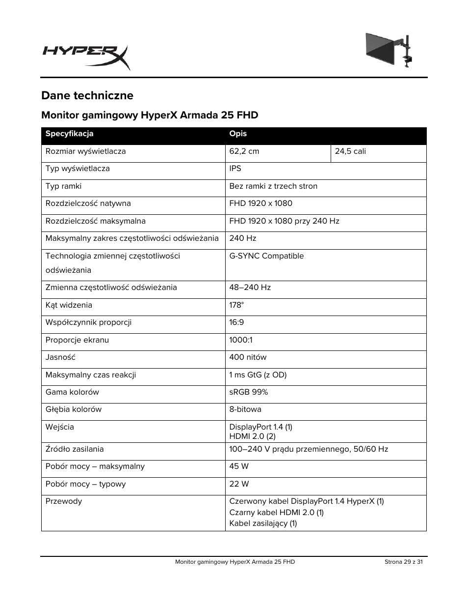 Dane techniczne, Monitor gamingowy hyperx armada 25 fhd | HyperX Armada 25 24.5" 240 Hz Gaming Monitor User Manual | Page 216 / 499