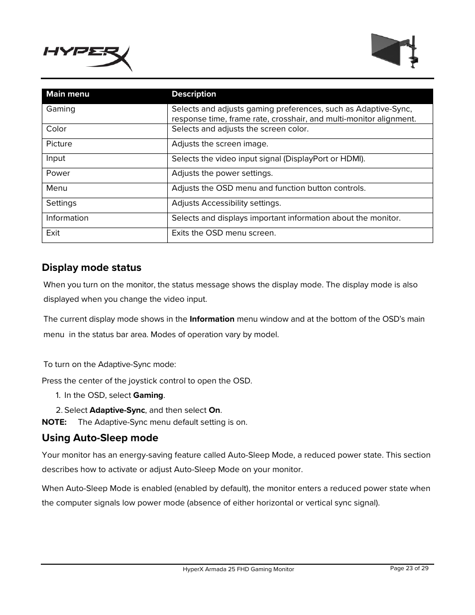 Display mode status, Using auto-sleep mode | HyperX Armada 25 24.5" 240 Hz Gaming Monitor User Manual | Page 24 / 499