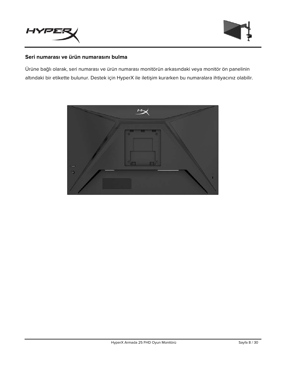 Seri numarası ve ürün numarasını bulma | HyperX Armada 25 24.5" 240 Hz Gaming Monitor User Manual | Page 258 / 499