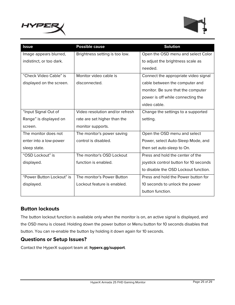 Button lockouts, Questions or setup issues | HyperX Armada 25 24.5" 240 Hz Gaming Monitor User Manual | Page 26 / 499