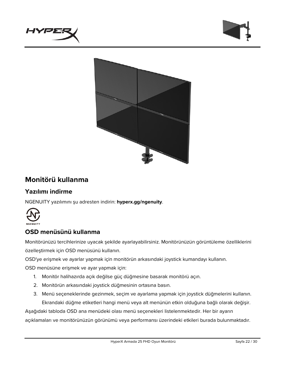 Monitörü kullanma, Yazılımı indirme, Osd menüsünü kullanma | HyperX Armada 25 24.5" 240 Hz Gaming Monitor User Manual | Page 272 / 499