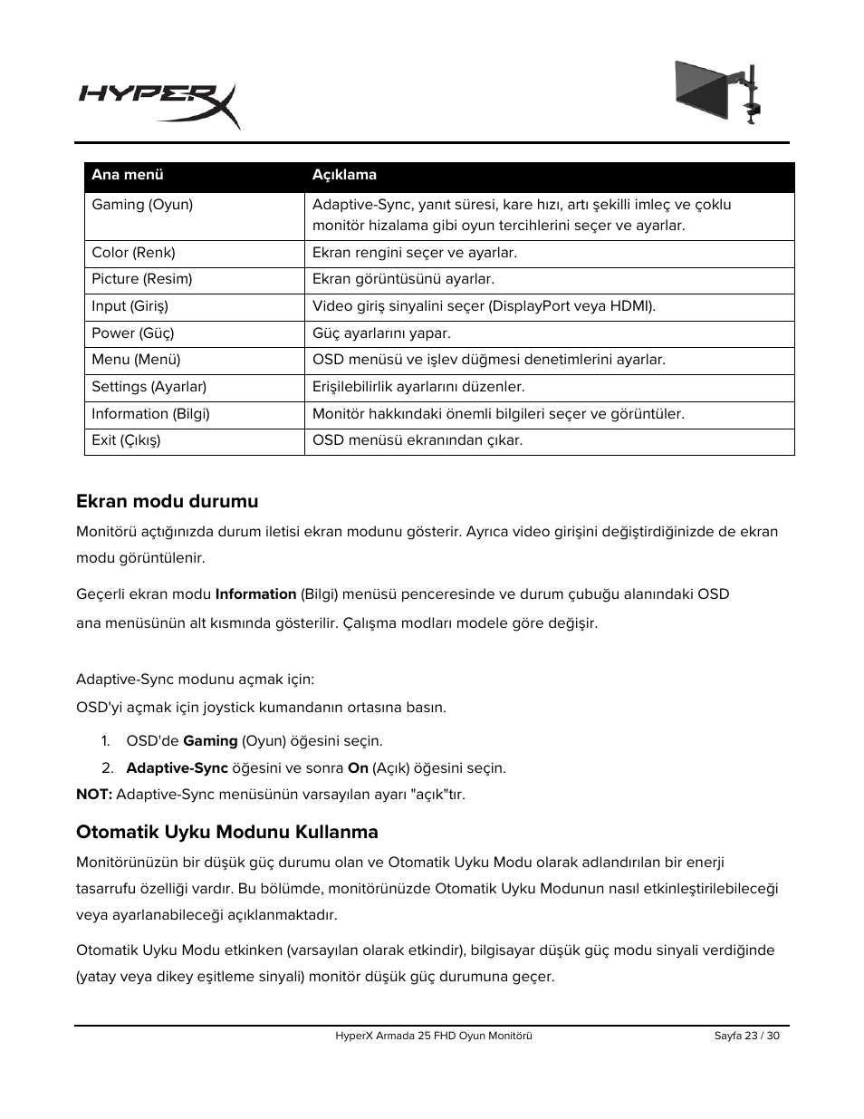 Ekran modu durumu, Otomatik uyku modunu kullanma | HyperX Armada 25 24.5" 240 Hz Gaming Monitor User Manual | Page 273 / 499