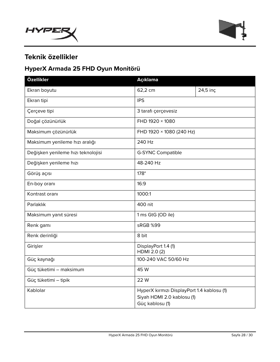 Teknik özellikler, Hyperx armada 25 fhd oyun monitörü | HyperX Armada 25 24.5" 240 Hz Gaming Monitor User Manual | Page 278 / 499