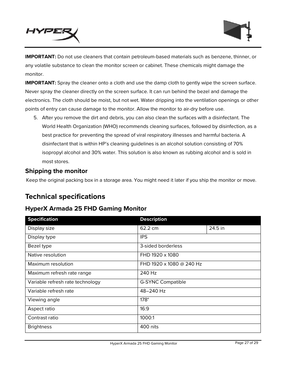 Shipping the monitor, Technical specifications, Hyperx armada 25 fhd gaming monitor | HyperX Armada 25 24.5" 240 Hz Gaming Monitor User Manual | Page 28 / 499