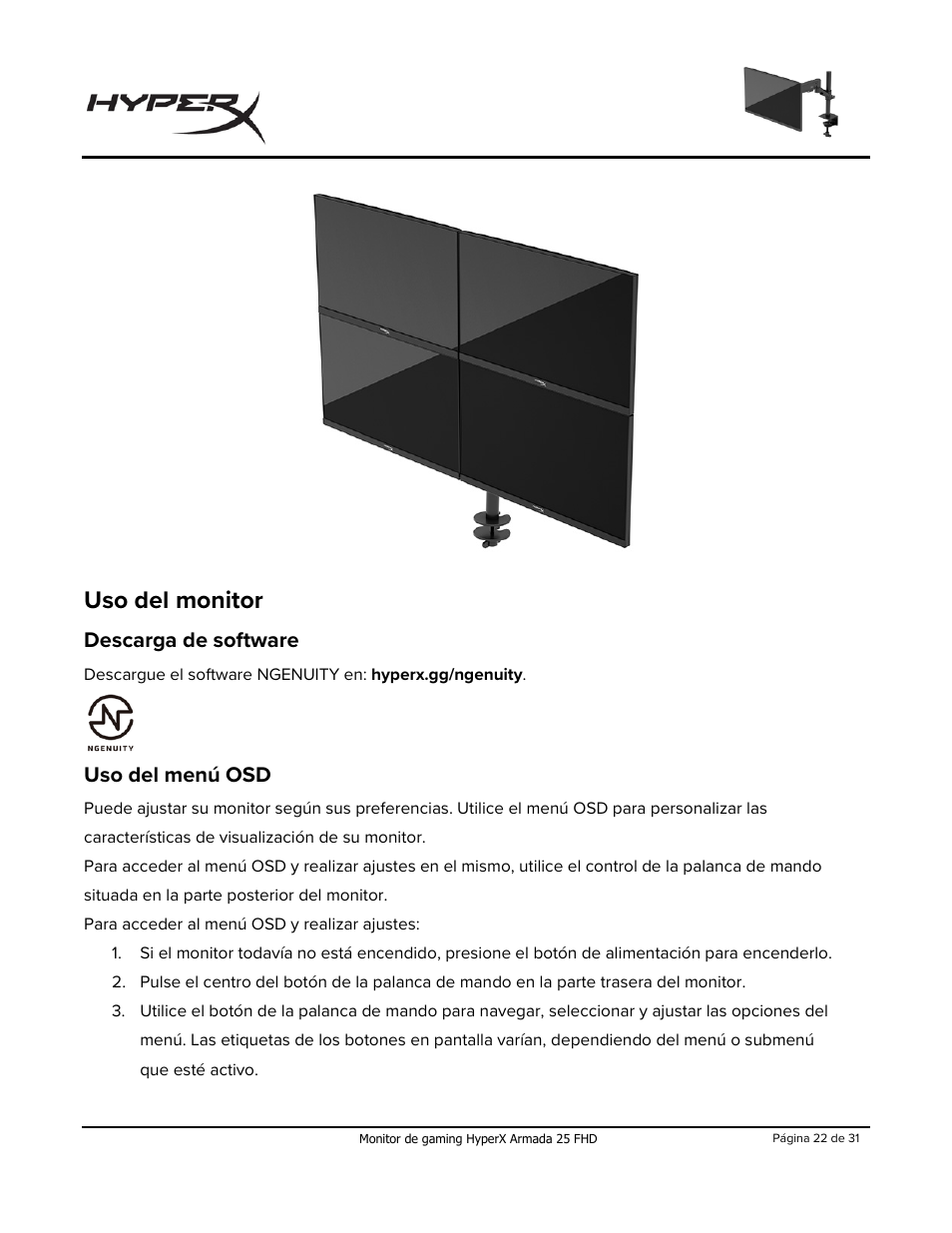 Uso del monitor, Descarga de software, Uso del menú osd | HyperX Armada 25 24.5" 240 Hz Gaming Monitor User Manual | Page 52 / 499