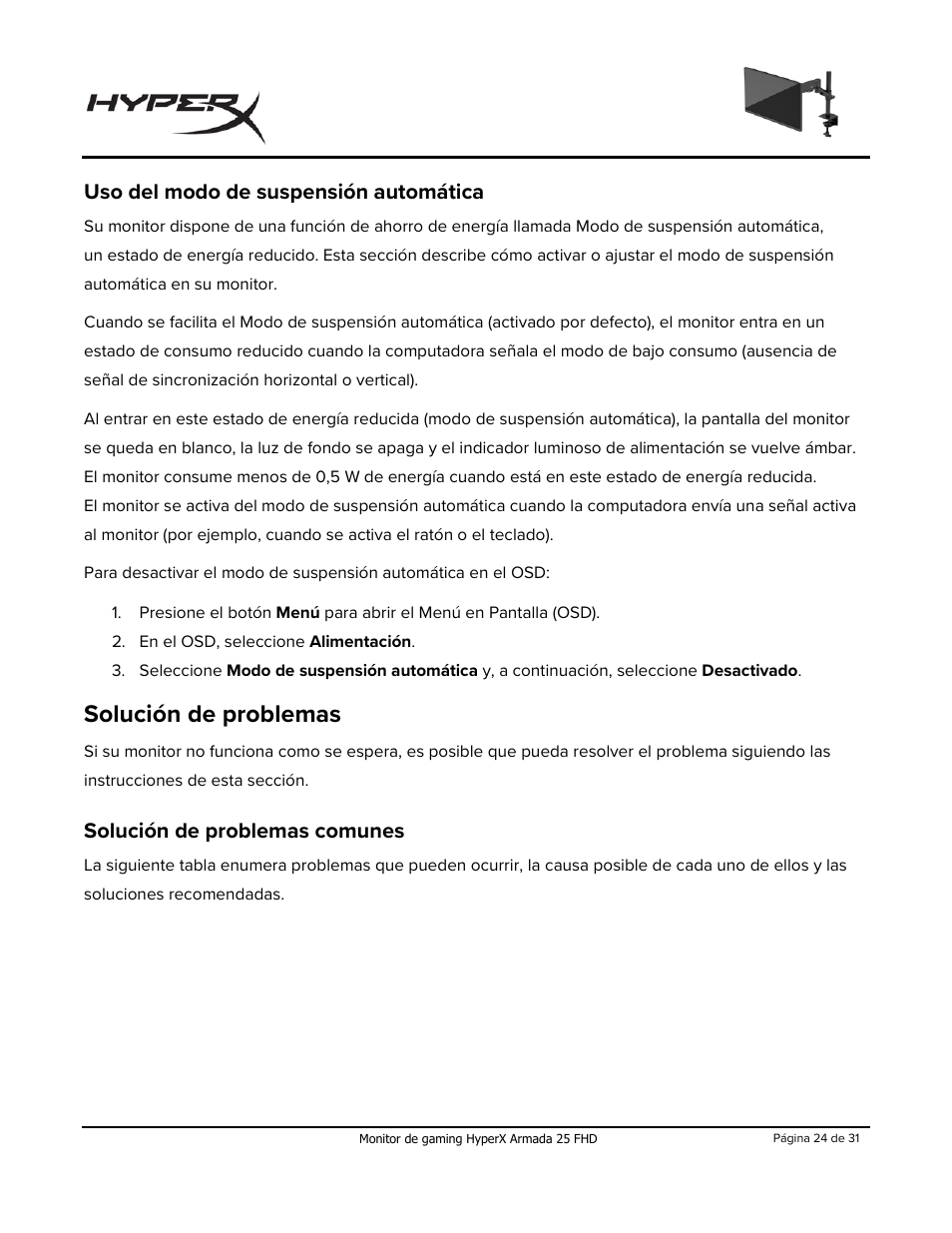 Uso del modo de suspensión automática, Solución de problemas, Solución de problemas comunes | HyperX Armada 25 24.5" 240 Hz Gaming Monitor User Manual | Page 54 / 499