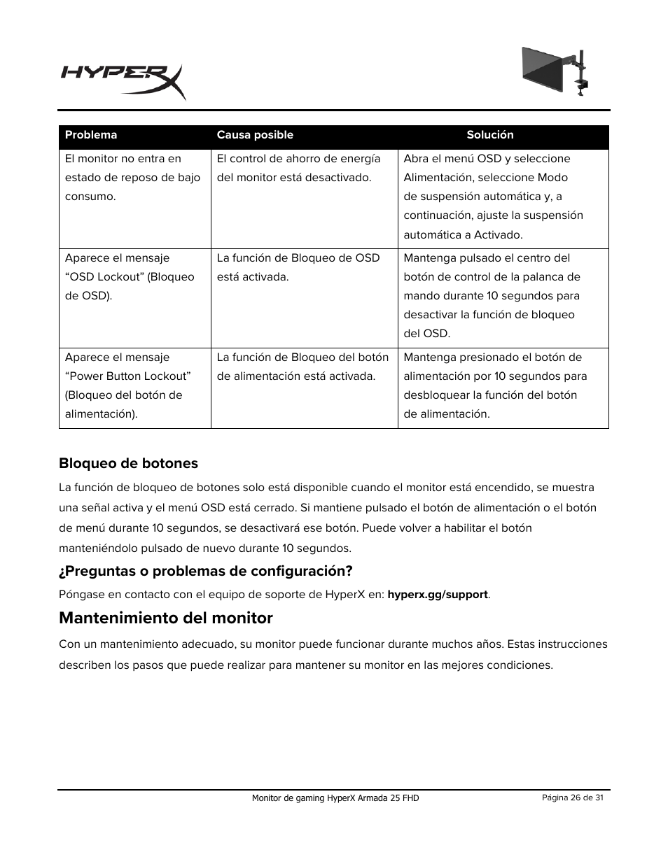 Bloqueo de botones, Preguntas o problemas de configuración, Mantenimiento del monitor | HyperX Armada 25 24.5" 240 Hz Gaming Monitor User Manual | Page 56 / 499