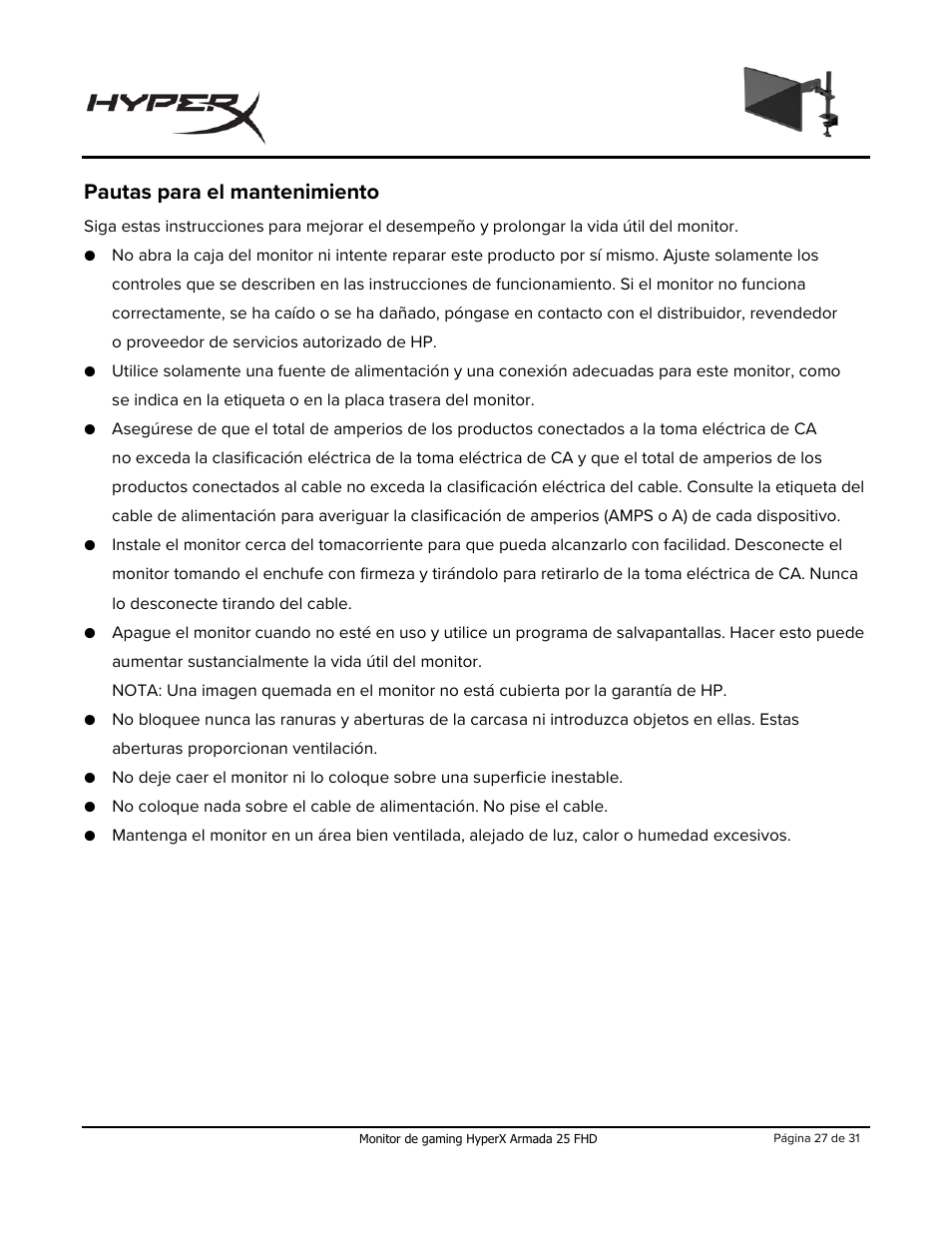 Pautas para el mantenimiento | HyperX Armada 25 24.5" 240 Hz Gaming Monitor User Manual | Page 57 / 499