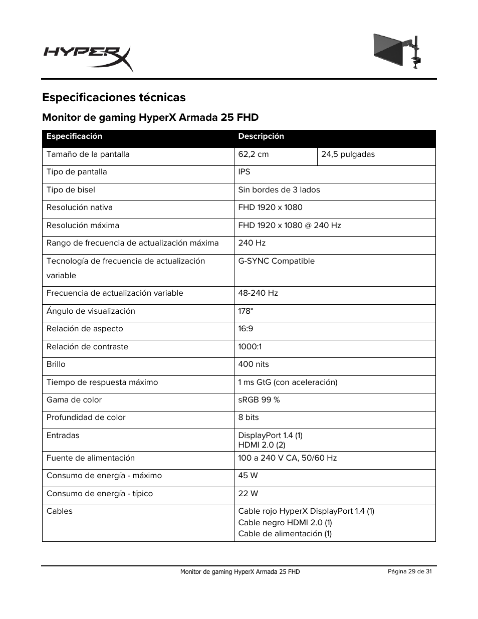 Especificaciones técnicas, Monitor de gaming hyperx armada 25 fhd | HyperX Armada 25 24.5" 240 Hz Gaming Monitor User Manual | Page 59 / 499