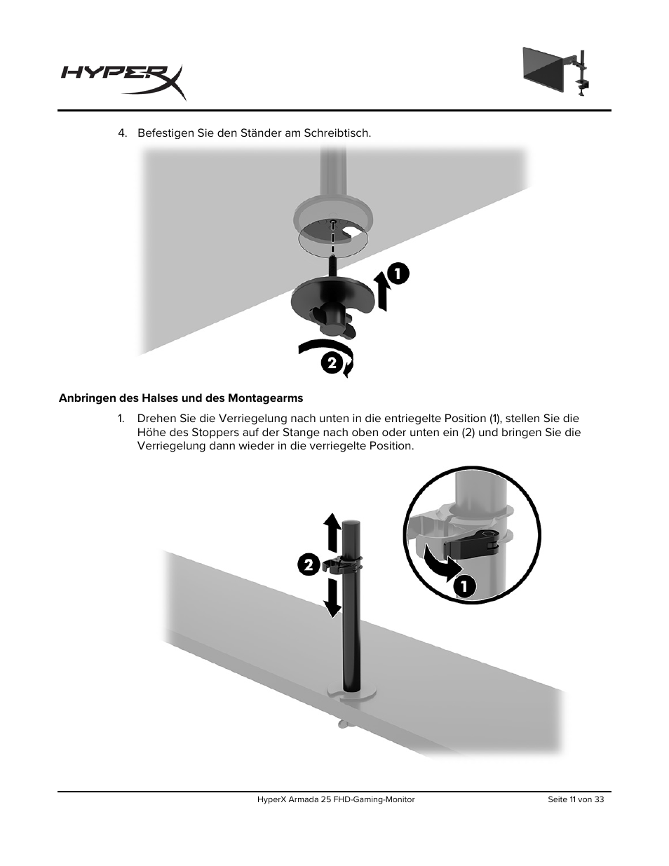 Anbringen des halses und des montagearms | HyperX Armada 25 24.5" 240 Hz Gaming Monitor User Manual | Page 72 / 499