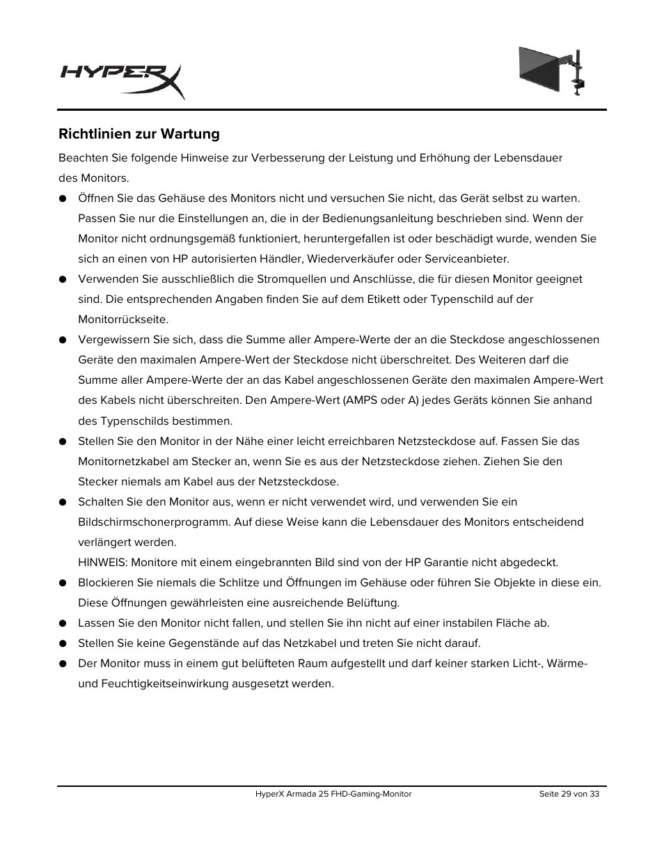 Richtlinien zur wartung | HyperX Armada 25 24.5" 240 Hz Gaming Monitor User Manual | Page 90 / 499