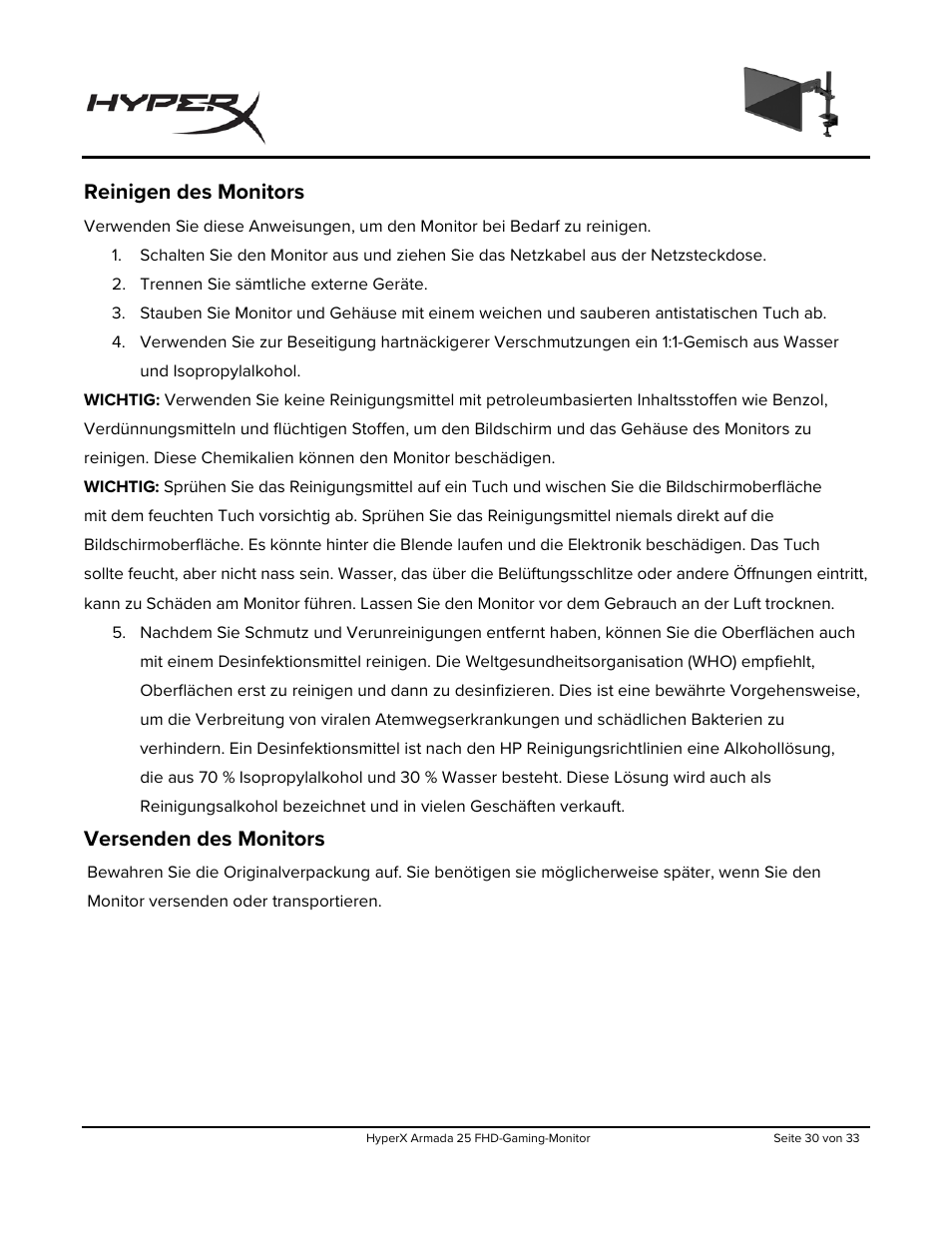 Reinigen des monitors, Versenden des monitors | HyperX Armada 25 24.5" 240 Hz Gaming Monitor User Manual | Page 91 / 499