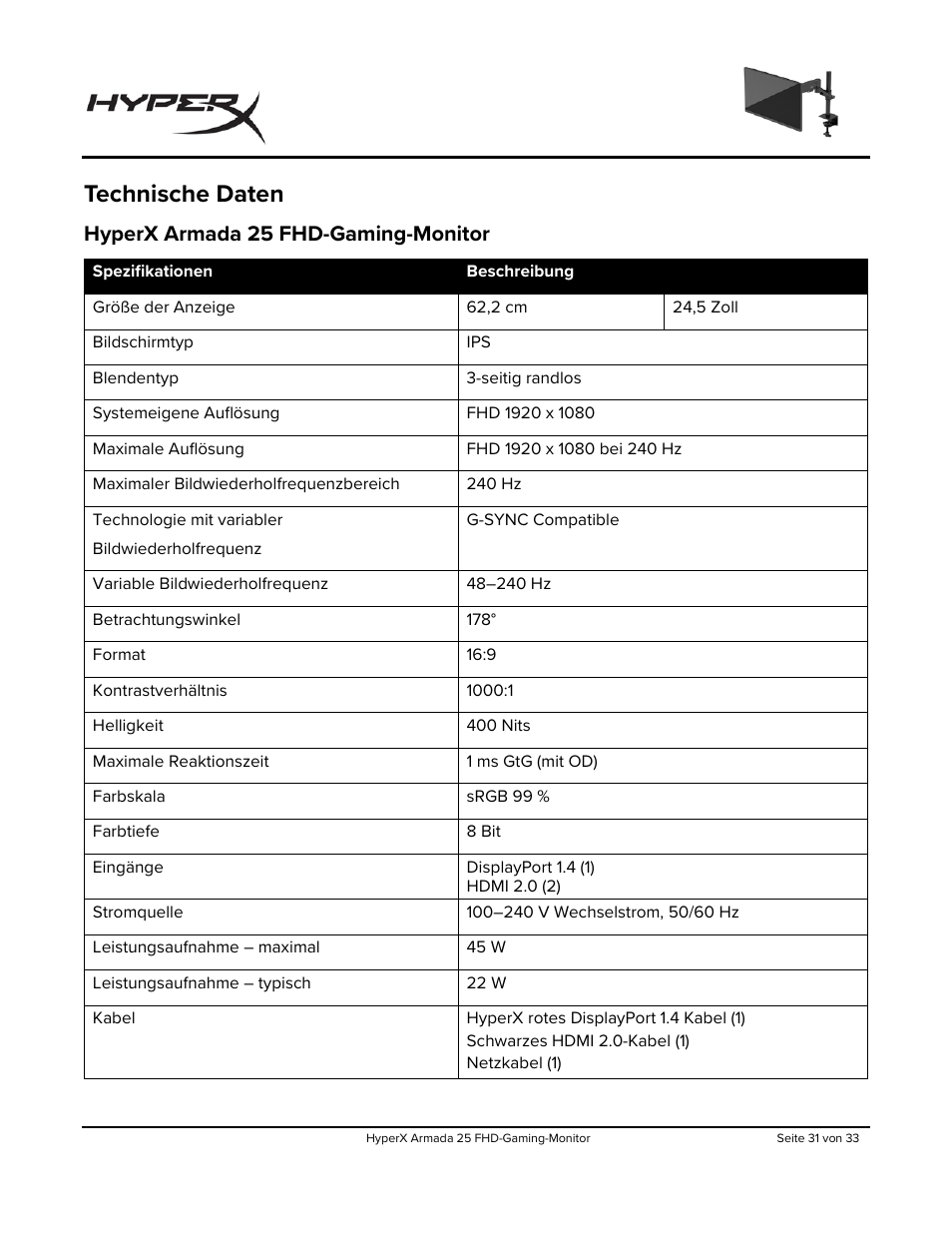 Technische daten, Hyperx armada 25 fhd-gaming-monitor | HyperX Armada 25 24.5" 240 Hz Gaming Monitor User Manual | Page 92 / 499