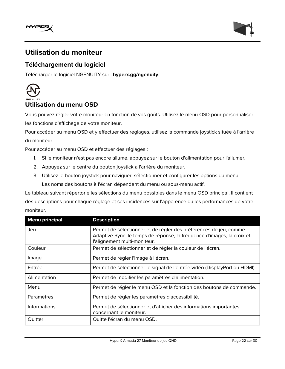 Utilisation du moniteur, Téléchargement du logiciel, Utilisation du menu osd | HyperX Armada 27 27" 1440p HDR 165 Hz Gaming Monitor User Manual | Page 114 / 487