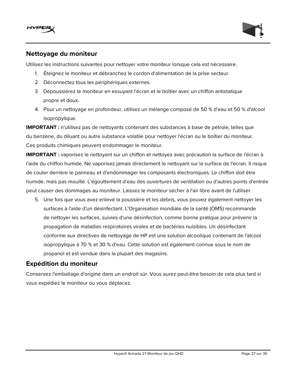 Nettoyage du moniteur, Expédition du moniteur | HyperX Armada 27 27" 1440p HDR 165 Hz Gaming Monitor User Manual | Page 119 / 487