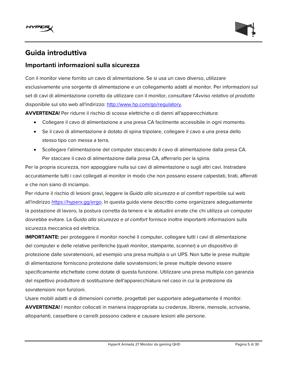 Guida introduttiva, Importanti informazioni sulla sicurezza | HyperX Armada 27 27" 1440p HDR 165 Hz Gaming Monitor User Manual | Page 127 / 487
