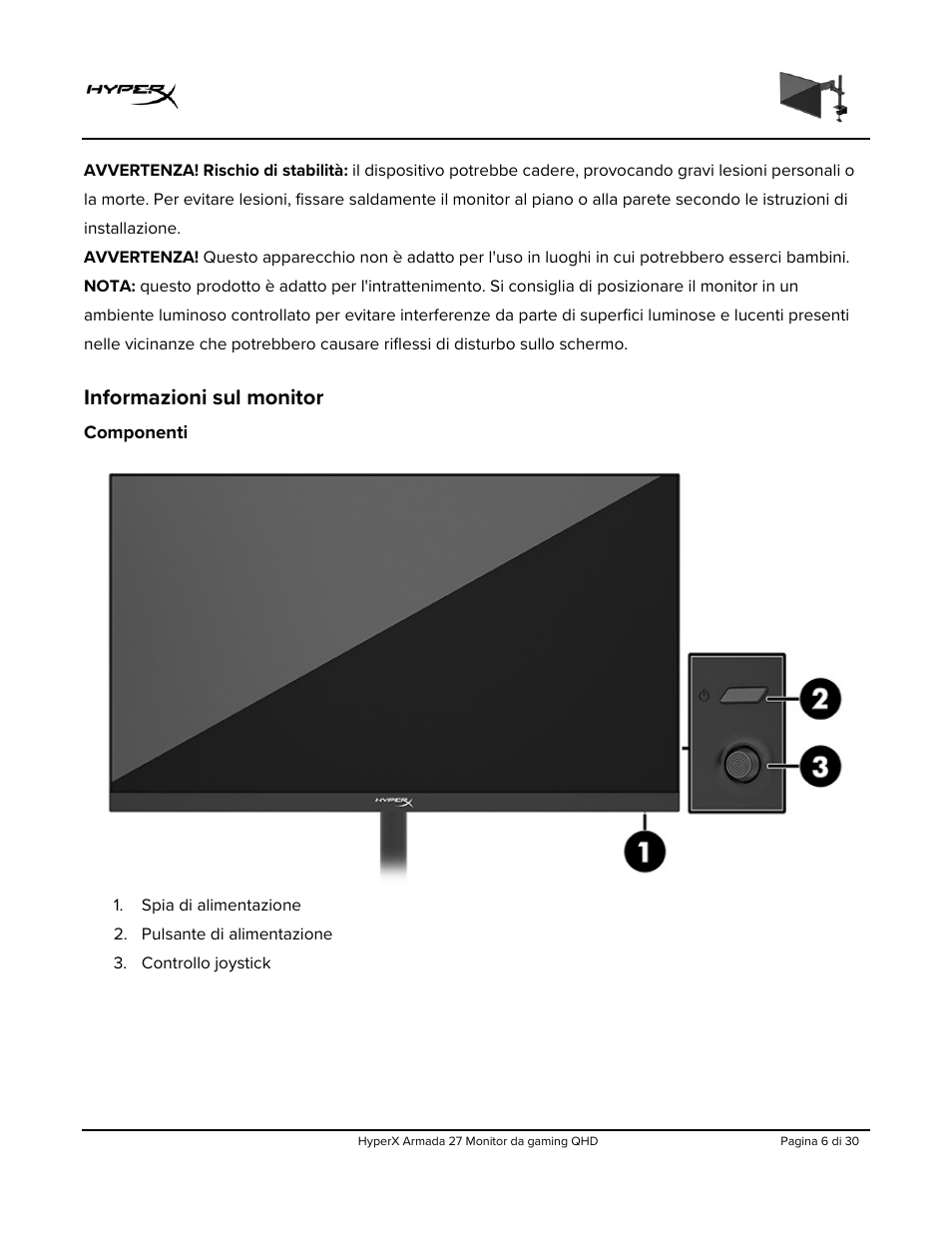 Informazioni sul monitor, Componenti | HyperX Armada 27 27" 1440p HDR 165 Hz Gaming Monitor User Manual | Page 128 / 487