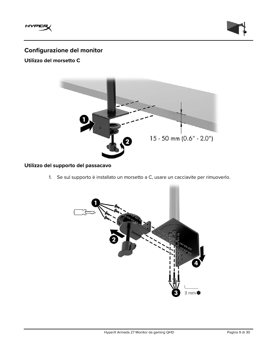 Configurazione del monitor, Utilizzo del morsetto c, Utilizzo del supporto del passacavo | HyperX Armada 27 27" 1440p HDR 165 Hz Gaming Monitor User Manual | Page 131 / 487