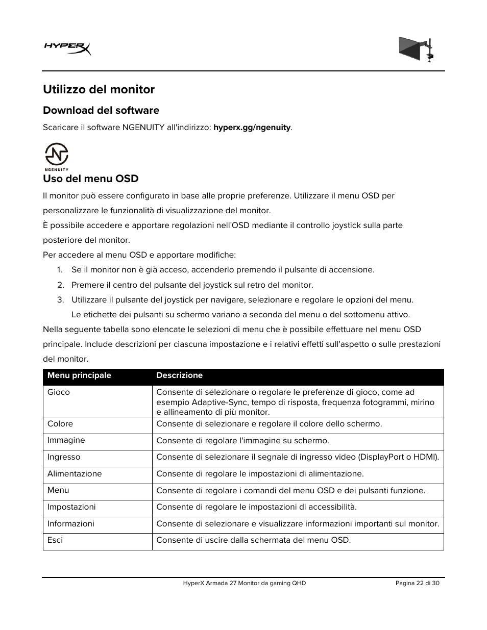 Utilizzo del monitor, Download del software, Uso del menu osd | HyperX Armada 27 27" 1440p HDR 165 Hz Gaming Monitor User Manual | Page 144 / 487