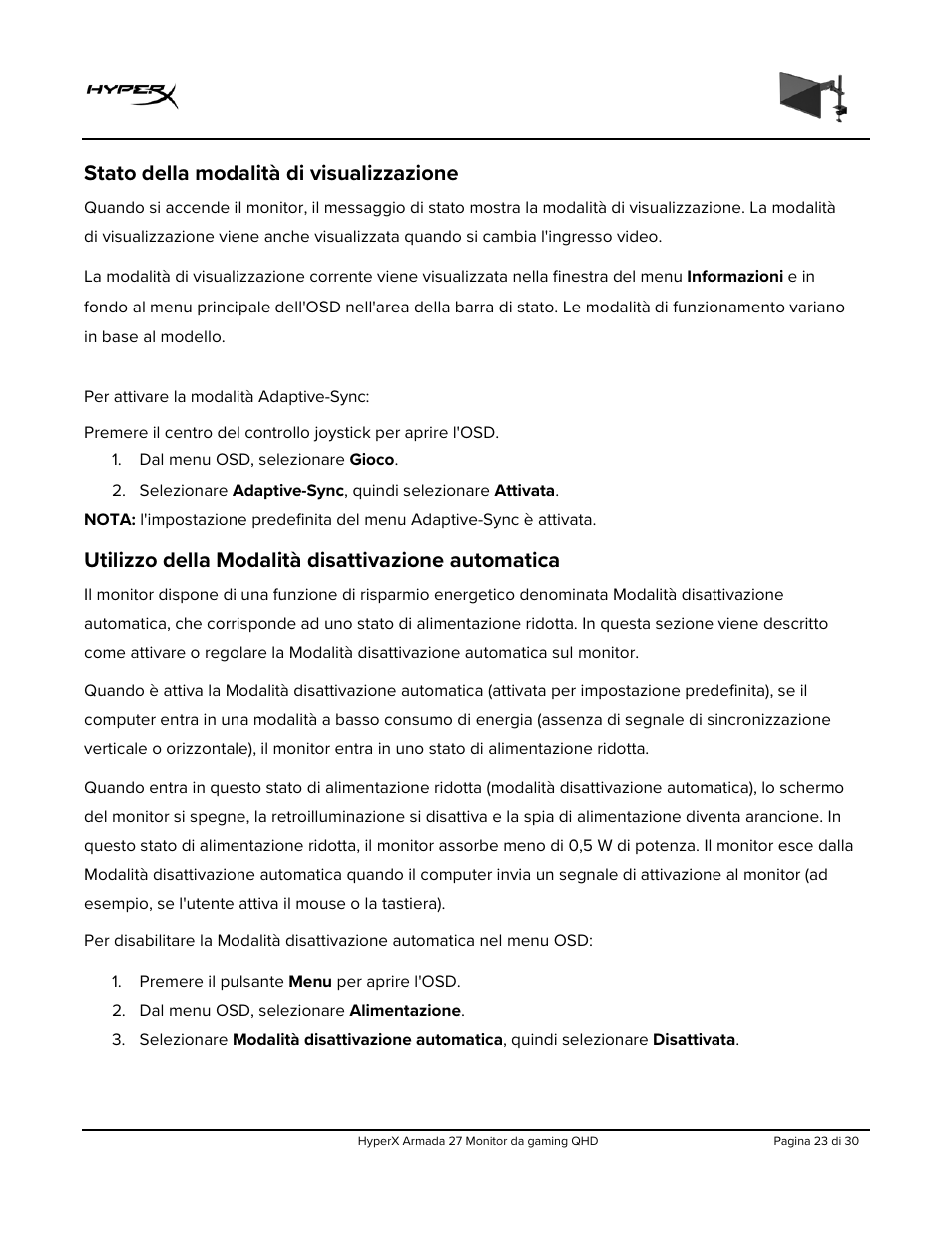 Stato della modalità di visualizzazione, Utilizzo della modalità disattivazione automatica | HyperX Armada 27 27" 1440p HDR 165 Hz Gaming Monitor User Manual | Page 145 / 487