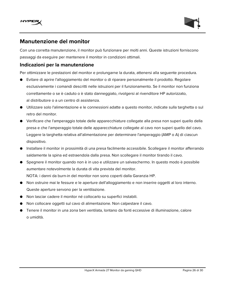 Manutenzione del monitor, Indicazioni per la manutenzione | HyperX Armada 27 27" 1440p HDR 165 Hz Gaming Monitor User Manual | Page 148 / 487
