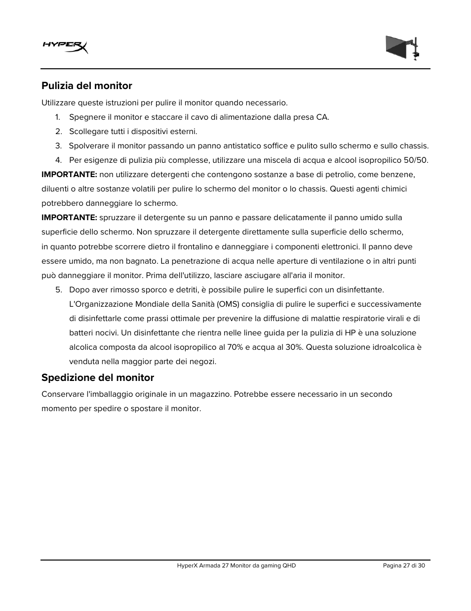 Pulizia del monitor, Spedizione del monitor | HyperX Armada 27 27" 1440p HDR 165 Hz Gaming Monitor User Manual | Page 149 / 487