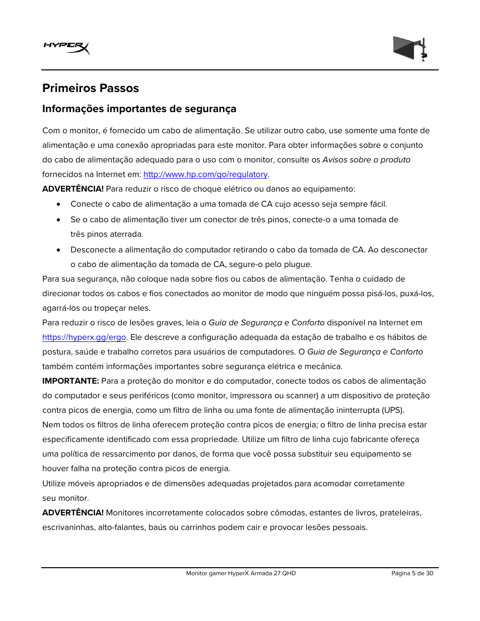 Primeiros passos, Informações importantes de segurança | HyperX Armada 27 27" 1440p HDR 165 Hz Gaming Monitor User Manual | Page 157 / 487