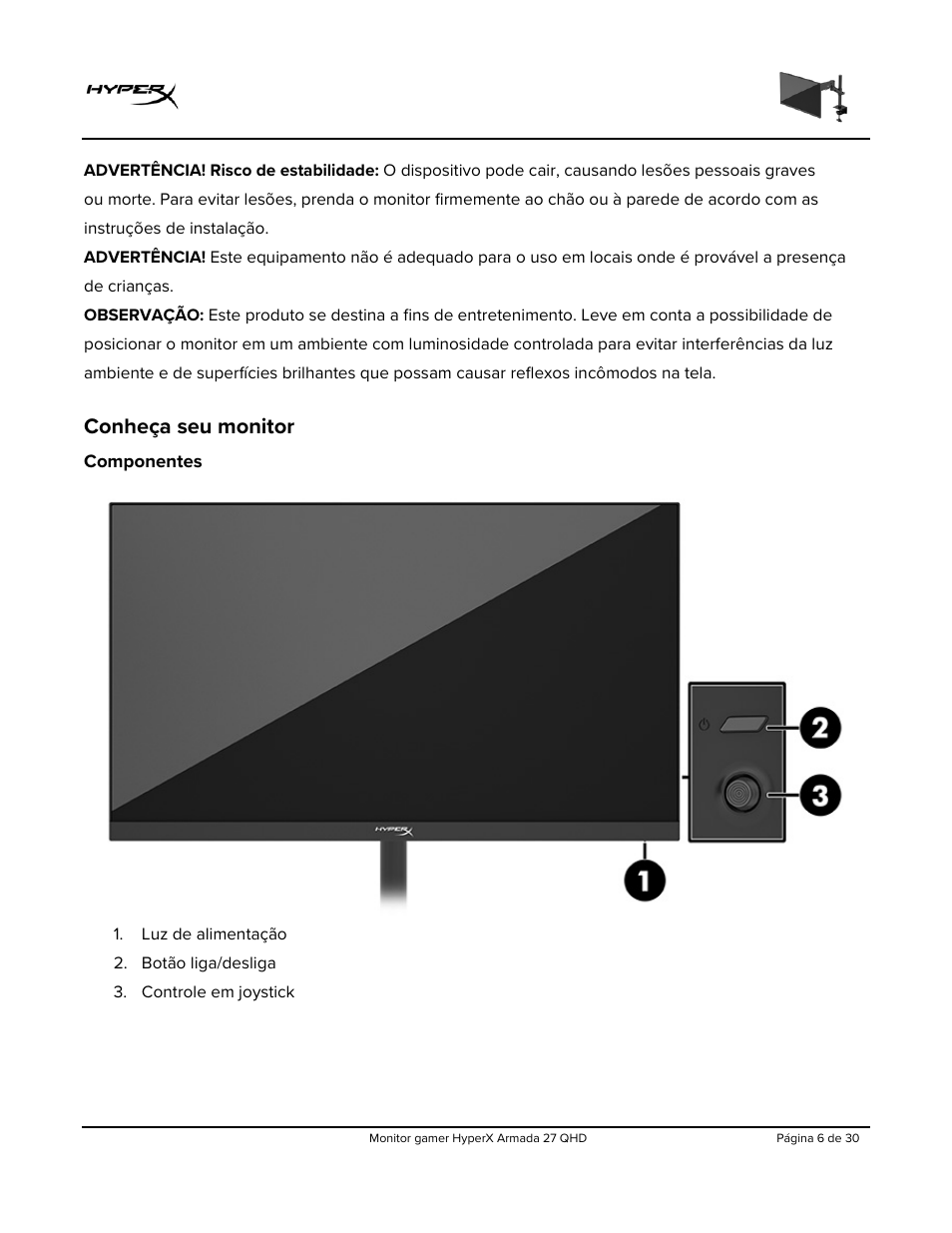 Conheça seu monitor, Componentes | HyperX Armada 27 27" 1440p HDR 165 Hz Gaming Monitor User Manual | Page 158 / 487