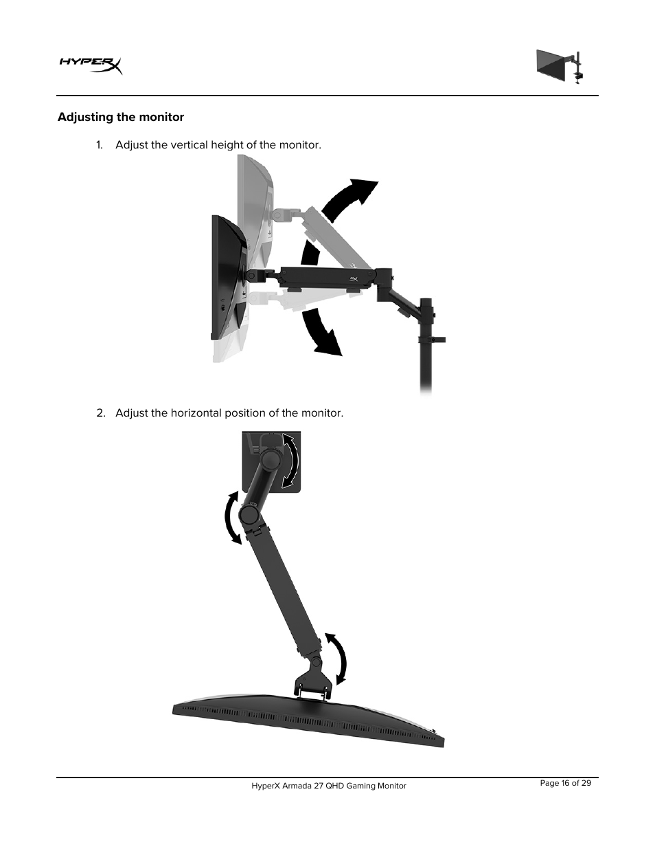 Adjusting the monitor | HyperX Armada 27 27" 1440p HDR 165 Hz Gaming Monitor User Manual | Page 17 / 487