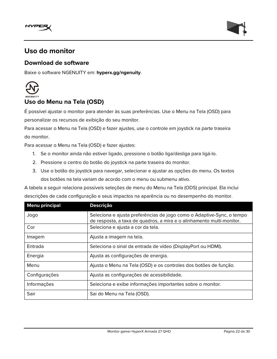 Uso do monitor, Download de software, Uso do menu na tela (osd) | HyperX Armada 27 27" 1440p HDR 165 Hz Gaming Monitor User Manual | Page 174 / 487