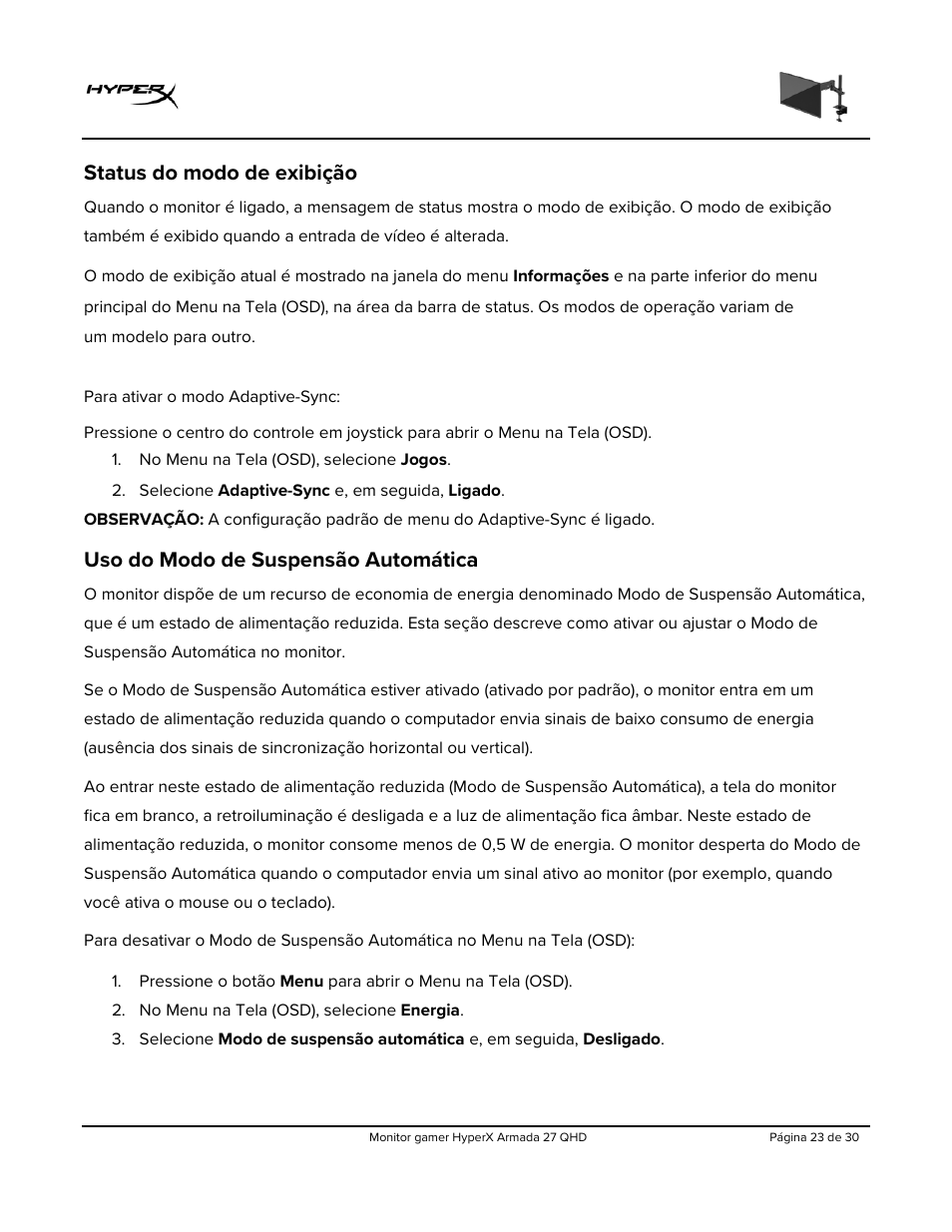 Status do modo de exibição, Uso do modo de suspensão automática | HyperX Armada 27 27" 1440p HDR 165 Hz Gaming Monitor User Manual | Page 175 / 487