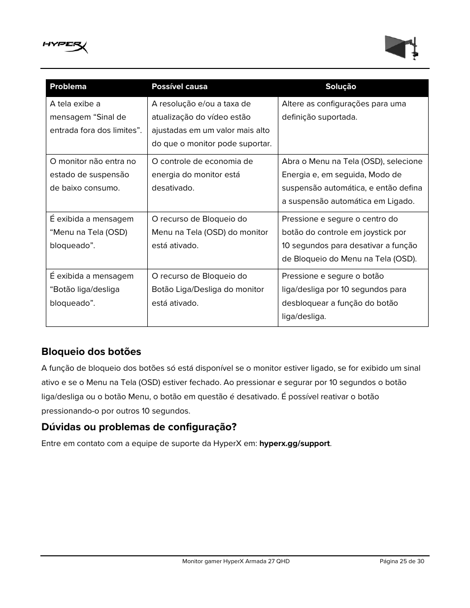 Bloqueio dos botões, Dúvidas ou problemas de configuração | HyperX Armada 27 27" 1440p HDR 165 Hz Gaming Monitor User Manual | Page 177 / 487