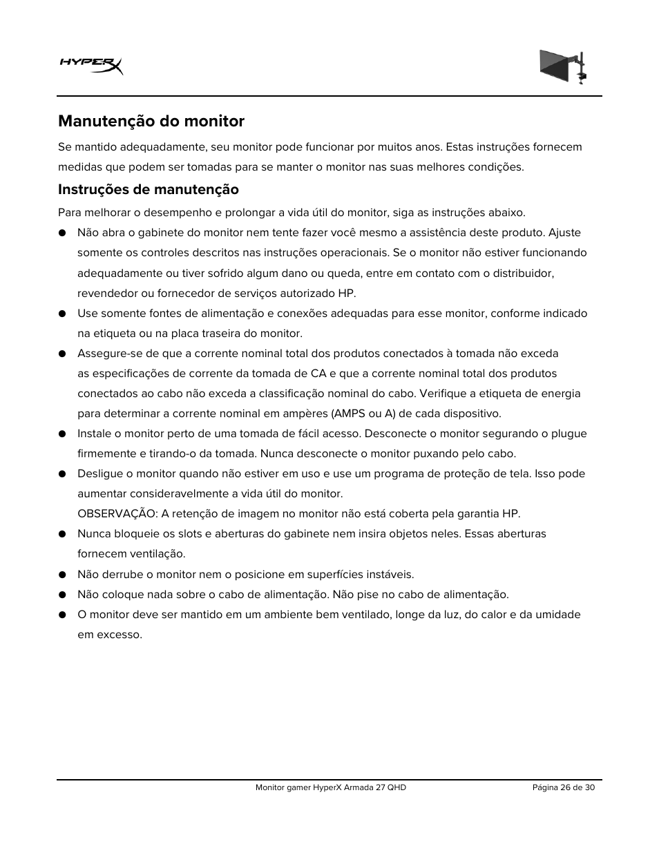Manutenção do monitor, Instruções de manutenção | HyperX Armada 27 27" 1440p HDR 165 Hz Gaming Monitor User Manual | Page 178 / 487