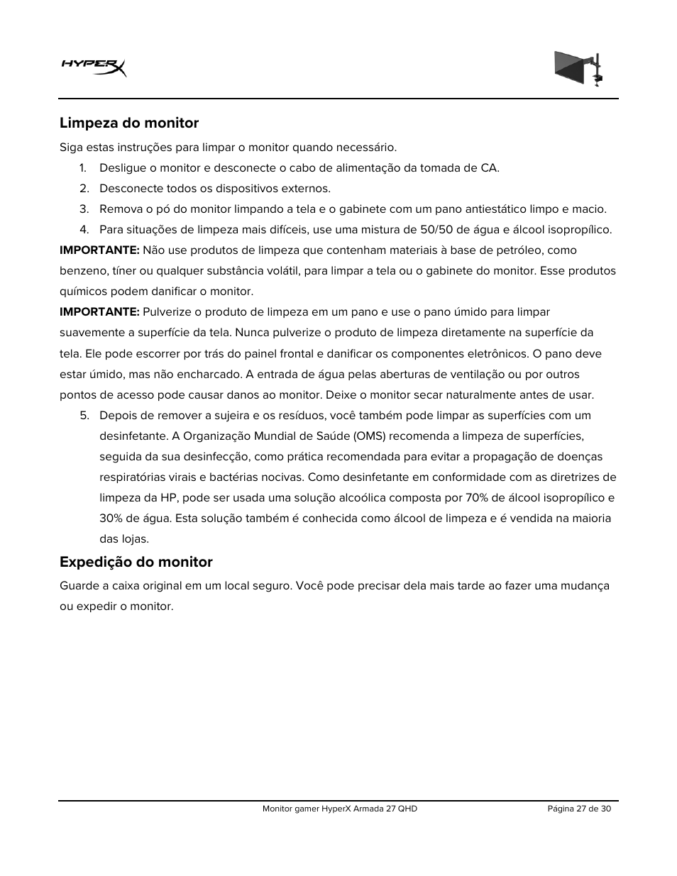 Limpeza do monitor, Expedição do monitor | HyperX Armada 27 27" 1440p HDR 165 Hz Gaming Monitor User Manual | Page 179 / 487