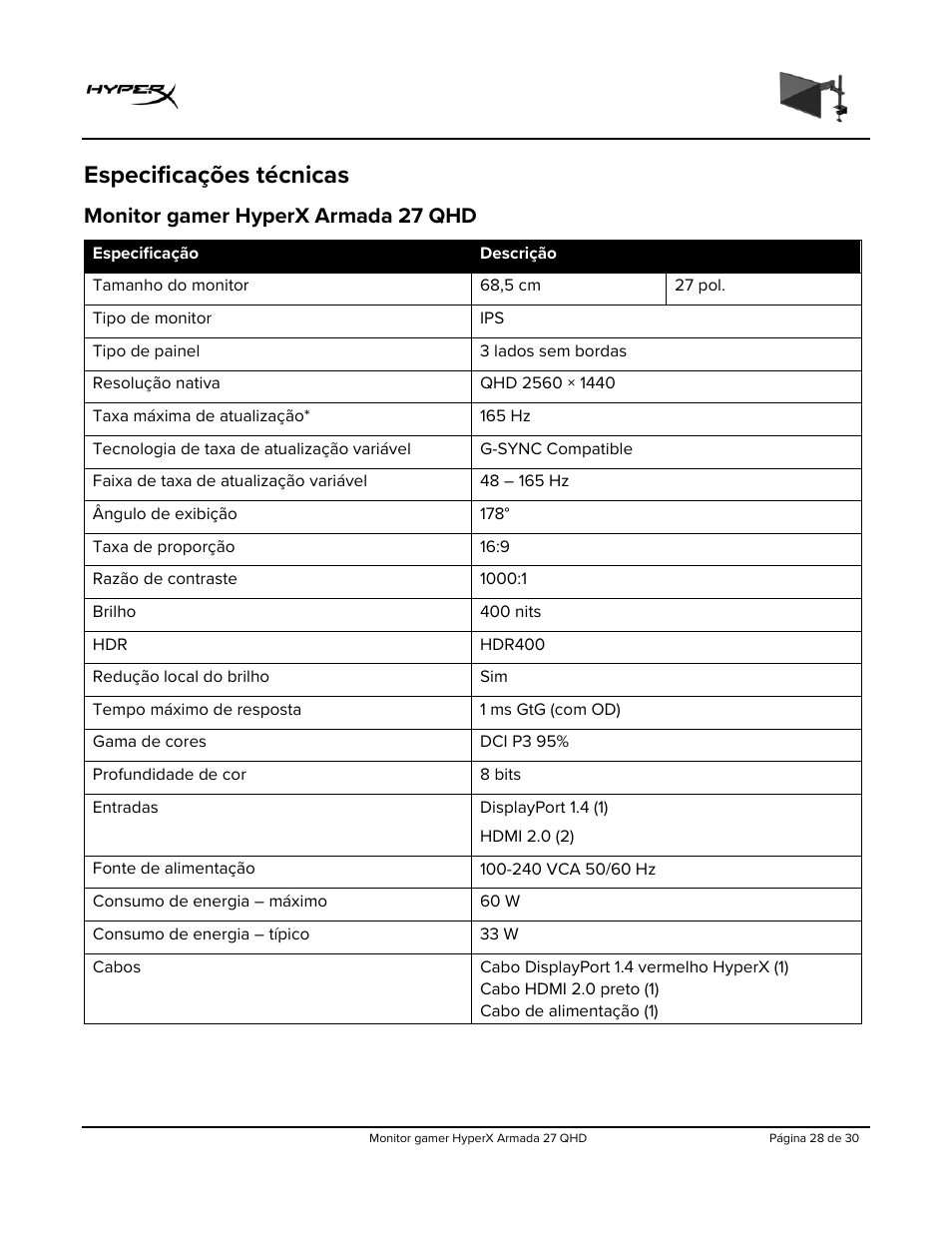 Especificações técnicas, Monitor gamer hyperx armada 27 qhd | HyperX Armada 27 27" 1440p HDR 165 Hz Gaming Monitor User Manual | Page 180 / 487