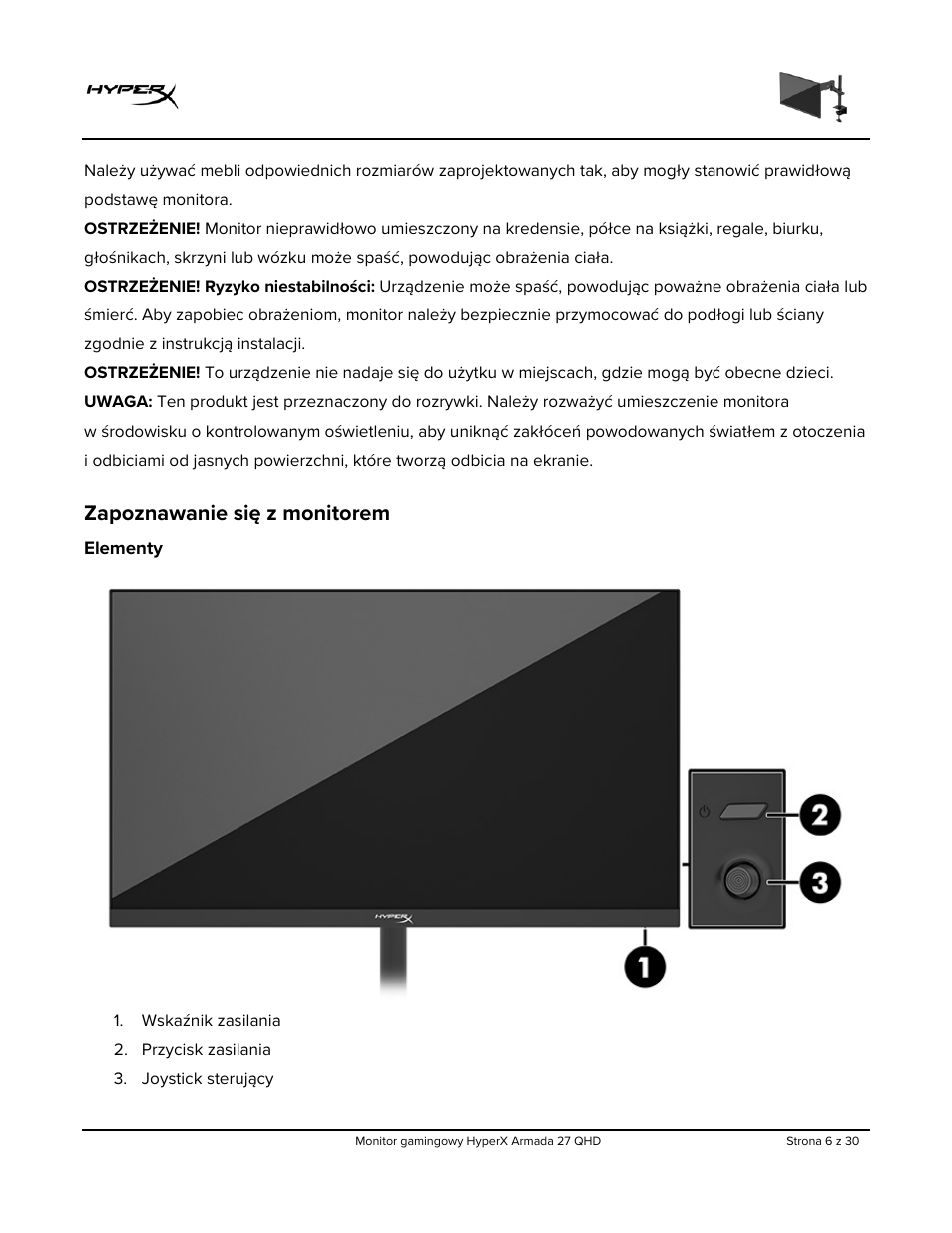 Zapoznawanie się z monitorem, Elementy | HyperX Armada 27 27" 1440p HDR 165 Hz Gaming Monitor User Manual | Page 188 / 487