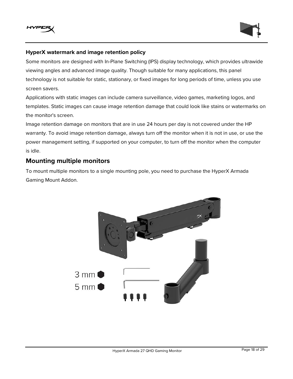 Hyperx watermark and image retention policy, Mounting multiple monitors | HyperX Armada 27 27" 1440p HDR 165 Hz Gaming Monitor User Manual | Page 19 / 487