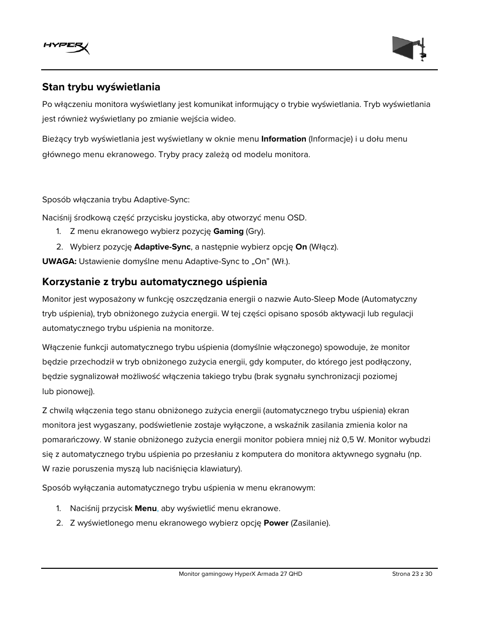 Stan trybu wyświetlania, Korzystanie z trybu automatycznego uśpienia | HyperX Armada 27 27" 1440p HDR 165 Hz Gaming Monitor User Manual | Page 205 / 487