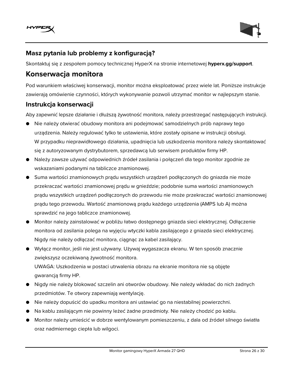 Konserwacja monitora, Instrukcja konserwacji, Masz pytania lub problemy z konfiguracją | HyperX Armada 27 27" 1440p HDR 165 Hz Gaming Monitor User Manual | Page 208 / 487