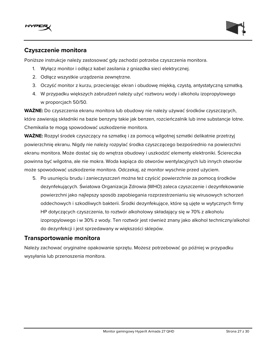 Czyszczenie monitora, Transportowanie monitora | HyperX Armada 27 27" 1440p HDR 165 Hz Gaming Monitor User Manual | Page 209 / 487