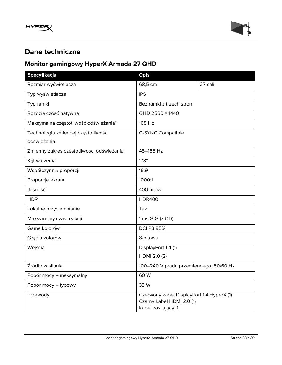 Dane techniczne, Monitor gamingowy hyperx armada 27 qhd | HyperX Armada 27 27" 1440p HDR 165 Hz Gaming Monitor User Manual | Page 210 / 487