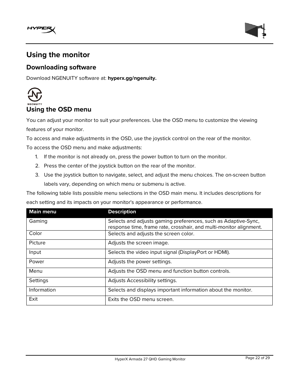Using the monitor, Downloading software, Using the osd menu | HyperX Armada 27 27" 1440p HDR 165 Hz Gaming Monitor User Manual | Page 23 / 487